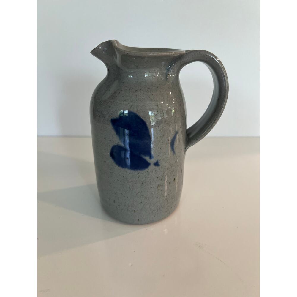 Hand Crafted Pottery Stoneware Blue & Gray Salt Glazed Pitcher Signed JL